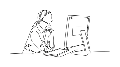 Self drawing animation of single line draw of female call center worker sit.. Stock Footage 284613765