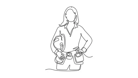 Self drawing animation of single line draw confident woman builder standing.. Video stock 303692414