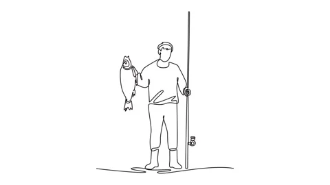 Self drawing animation of single line draw male fisherman with a fish, repr.. 스톡 동영상 315612992