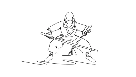 Self drawing animation of single line draw young man ninja poised in a deep.. Stock Footage 322893352