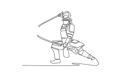 Self drawing animation of single line draw samurai in full armor, lunging f.. Stock Footage 323380044