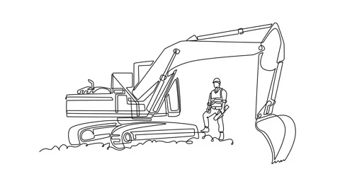 Self drawing animation of single line draw young male site worker holding b.. Video stock 341006841