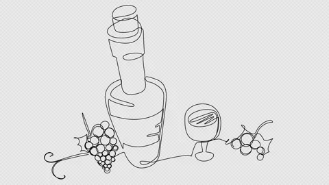 Self-drawing of a bottle of wine and a groan of grapes in one line on a white sc Stock Footage 210908748