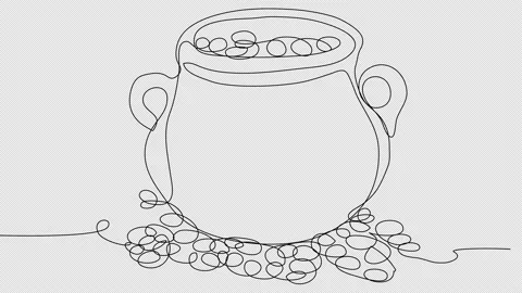 Self-drawing cauldron with coins in one line on a white background. Stock Footage 234818773