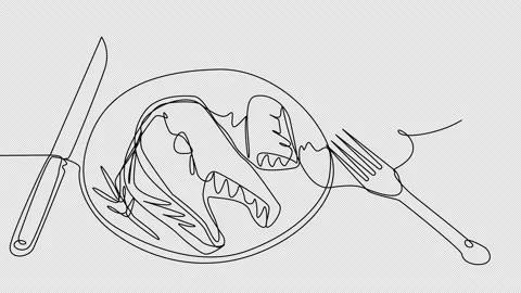 Self-drawing dinner with salmon and wine in one line on a white screen. Stock Footage 204160865