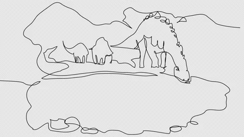 Self-drawing Dinosaurs at a watering hole on a white background. The concept of Stock Footage 234817853