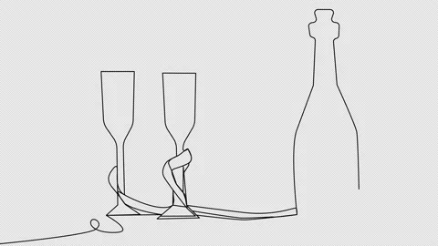 Self-drawing glasses and bottles of champagne in one line Stock Footage 166537765