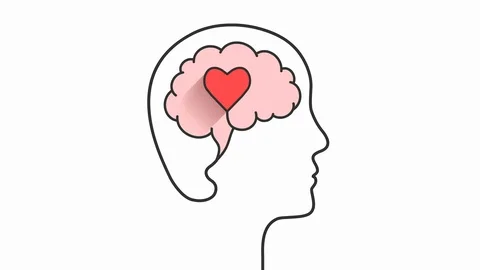 Self-drawing human head and brain outline with heart shape Stock Footage 124696904