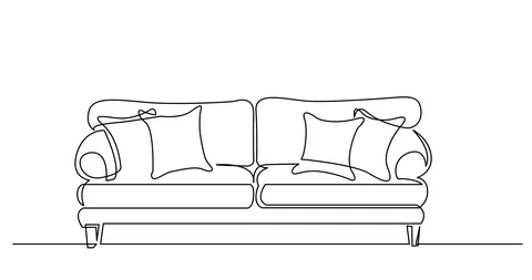 Self drawing line animation of big comfortable couch with cushions Stock Footage 117461075