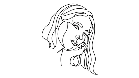 Self drawing of  line drawing hand Woman or girl with long hair Stock Footage 128417414