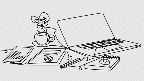 Self-drawing line laptop with documents and graphs on a white screen. Stock Footage 196134012