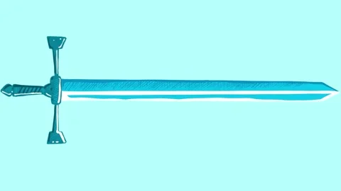 Self drawing medieval longsword in 2D style on blue background. Shaded cold Stock Footage 329391026