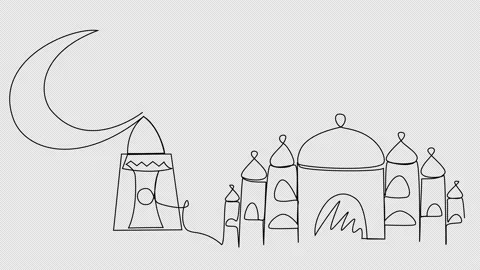Self-drawing a mosque, a crescent moon and a lamp with one line. Stock Footage 237527398