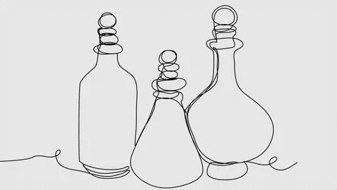 Self-drawing multi-colored glass bottles in one line on a white screen. Stock Footage 234817702