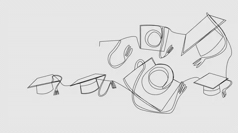 Self-drawing of rainbow student hats in single line on a white screen. Stock Footage 205741400