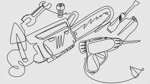 Self-drawing a set of work tools in one line on a white screen Stock Footage 205742064