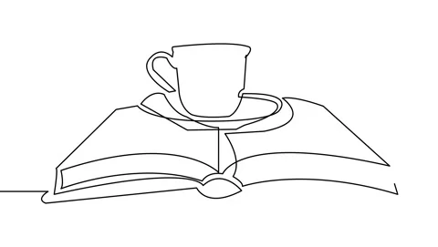 Self drawing simple animation of opened book with coffee Stock Footage 310581627