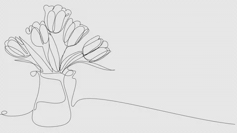 Self-drawing of a vase with tulips in one line on a white screen. Stock Footage 240355085