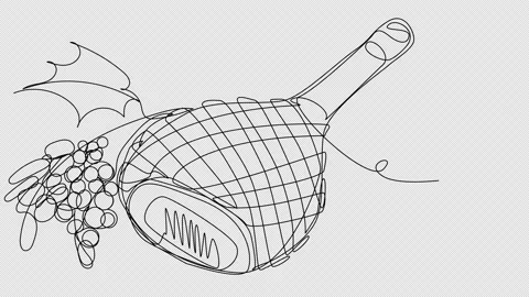 Self-drawing of a wicker bottle of wine and grapes on a white screen Stock Footage 202604145