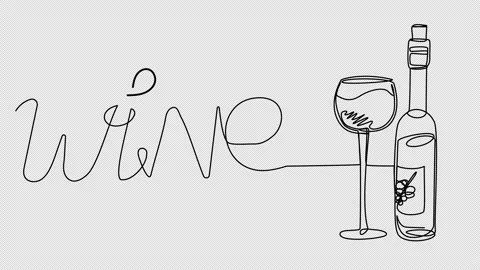 Self-drawing wine bottles and glasses on a white screen. Video stock 233355034