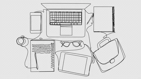 Self-drawing of workplace with laptop, gadgets and documents by single line. Stock Footage 234819090