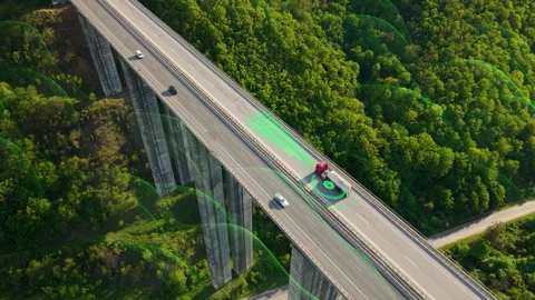Self-Driving Autonomous Electric Truck with Trailer on Viaduct Road Future of Stock Footage 320165090