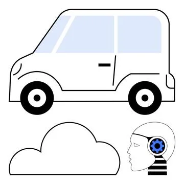Self-driving car, cloud computing symbol, AI head with gear on side. Ideal fo Stock Illustration