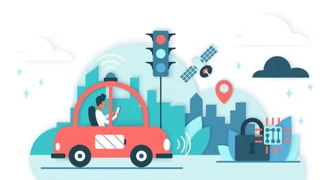 Self Driving Car with Cloud Technology Concept 스톡 일러스트