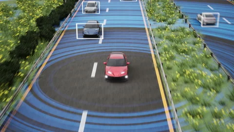 Self driving car on the highway. 3D rendering. Stock Footage 137228156