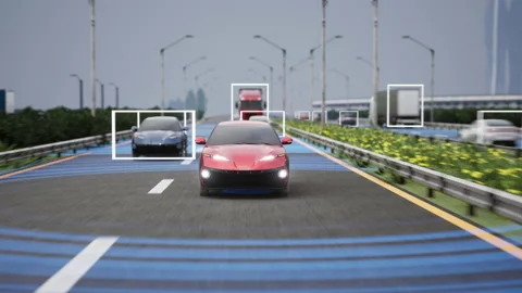 Self driving car on the highway. 3D rendering. Stock Footage 137228166