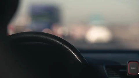 Self-Driving Car Steering Wheel Driving Through City Video stock 293631671