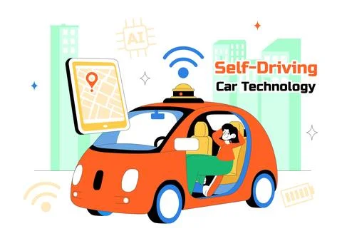Self Driving Car Technology Vector Illustration Featuring Smart Autonomous .. Stock Illustration