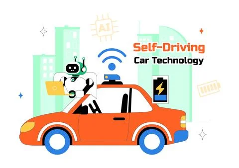 Self Driving Car Technology Vector Illustration Featuring Smart Autonomous .. Stock Illustration