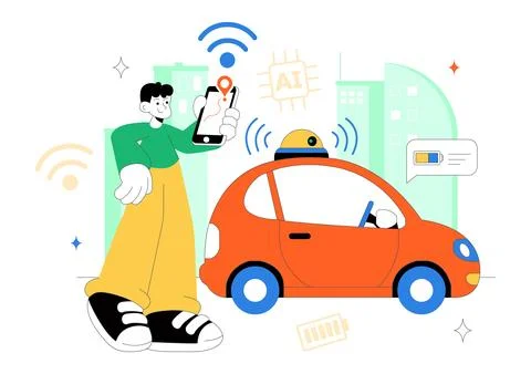 Self Driving Car Technology Vector Illustration Featuring Smart Autonomous .. Stock Illustration