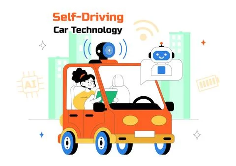 Self Driving Car Technology Vector Illustration Featuring Smart Autonomous .. Stock Illustration