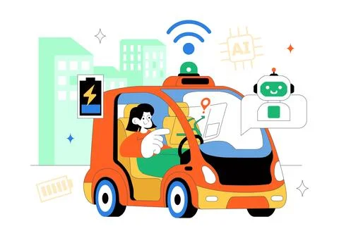 Self Driving Car Technology Vector Illustration Featuring Smart Autonomous .. Illustrazione stock