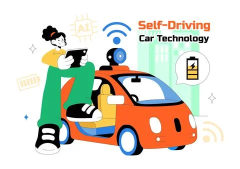 Self Driving Car Technology Vector Illustration Featuring Smart Autonomous .. Stock Illustration