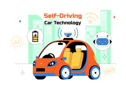 Self Driving Car Technology Vector Illustration Featuring Smart Autonomous .. Stock Illustration