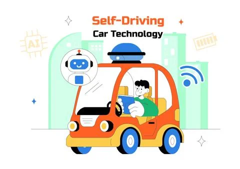 Self Driving Car Technology Vector Illustration Featuring Smart Autonomous .. Stock Illustration