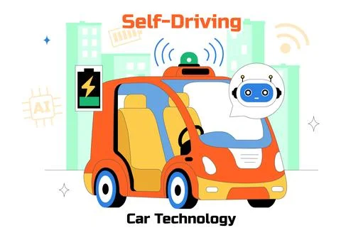 Self Driving Car Technology Vector Illustration Featuring Smart Autonomous .. Stock Illustration