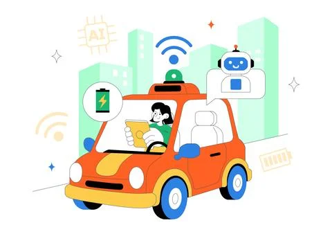 Self Driving Car Technology Vector Illustration Featuring Smart Autonomous .. 스톡 일러스트