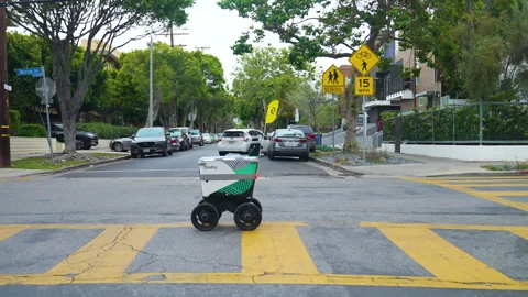 Self-driving delivery robot crossing the street in American suburbs Stock Footage 242887712