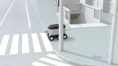 Self-driving delivery robot moving on the roadside Stock Footage 146872763