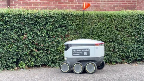 Self-driving delivery robot on pavement, Milton Keynes, Buckinghamshire Stock-Footage 319573993