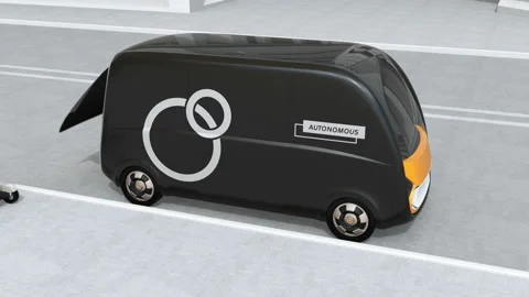 Self-driving delivery van opened side door Stock Footage 85492689