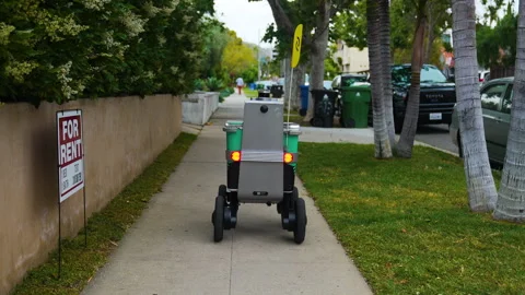 Self-driving electric vehicle in process of delivering food Stock Footage 243639904
