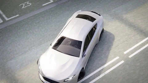 Self-driving generic car driving autonomously from a parking space. 3D Rendering Stock Footage 234835667