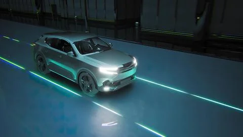 Self Driving High Tech Autonomous Car Using Radar Scanning Environment Emitting Illustrazione stock