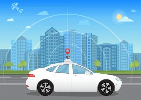 Self-driving intelligent driverless car goes through the city using modern Stock Illustration