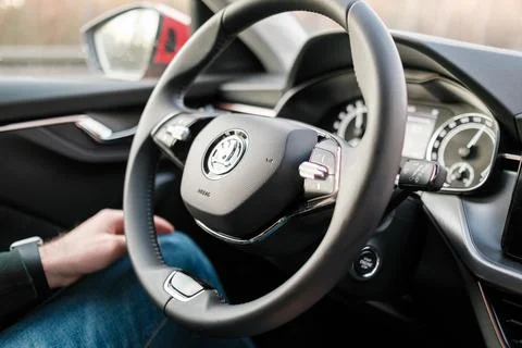 Self driving or autopilot mode in Skoda auto showing future of electric cars Stock Photos